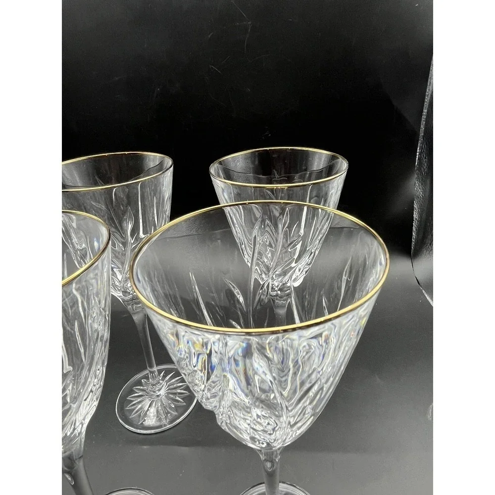 4 Vintage Mikasa Dune Grass Crystal Wine Glasses Stems w Gold Rim 8.5